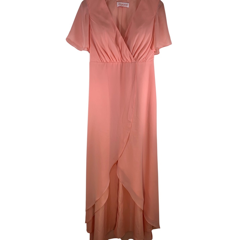 Peach coral Chiffon Gown Flutter bridsmaid Coquette Formal Maxi Dress Womens